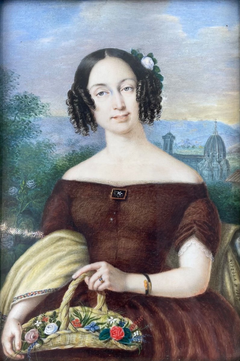 P. Nizzola - Miniature, Portrait d'Une Femme - Italie Première Moitié Du 19e Siècle-photo-2